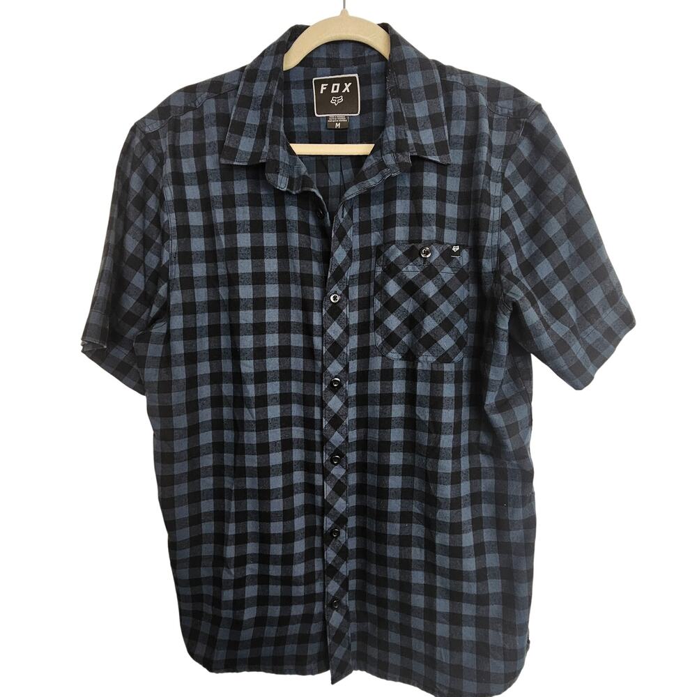 Fox Shirt Blue Black Checker Short Sleeve Shirt Button Front Men M Top